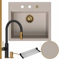 Zlew granitowy beżowy sink 60 bateria quadron jennifer syfon złoty automatyczny z pokrętłem