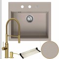 Zlew granitowy beżowy sink 60 bateria złota quadron marilyn syfon srebrny automatyczny z pokrętłem