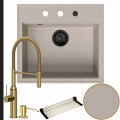Zlew granitowy beżowy sink 60 bateria złota quadron marilyn syfon black matt automatyczny z pokrętłem