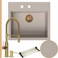 Zlew granitowy beżowy sink 60 bateria złota quadron marilyn syfon miedziany manualny