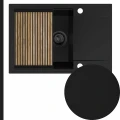 Czarny zlew granitowy sink 55 1kdo syfon black matt manualny z ociekarką grafitową