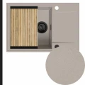 Beżowy zlew granitowy sink 55 1kdo syfon black matt automatyczny z pokrętłem z ociekarką złotą
