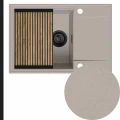 Beżowy zlew granitowy sink 55 1kdo syfon black matt manualny z ociekarką grafitową