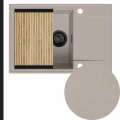 Beżowy zlew granitowy sink 55 1kdo syfon black matt manualny z ociekarką złotą