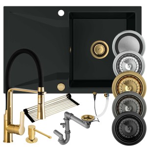 Kuchnia złota: zlew + bateria + dozownik + syfon + mata