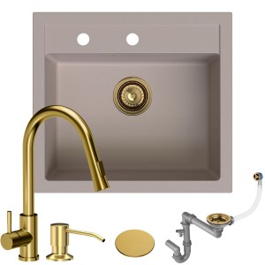 Zlew granitowy beżowy Ferrum 1K60: bateria + dozownik + syfon + nakładka 