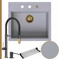 Zlew granitowy szary sink 60 bateria quadron margot syfon złoty automatyczny z pokrętłem