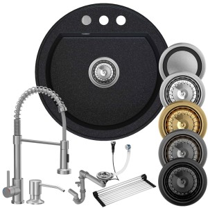 Kuchnia z okrągłym zlewem: zlew + bateria + dozownik + rollmata + syfon 
