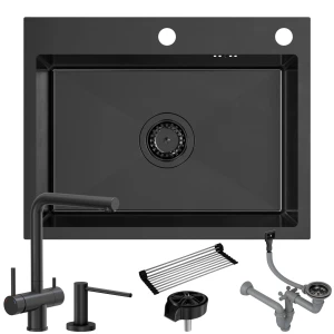 Funkcjonalna kuchnia stalowa: zlew + bateria + syfon + dozownik + myjka + mata 