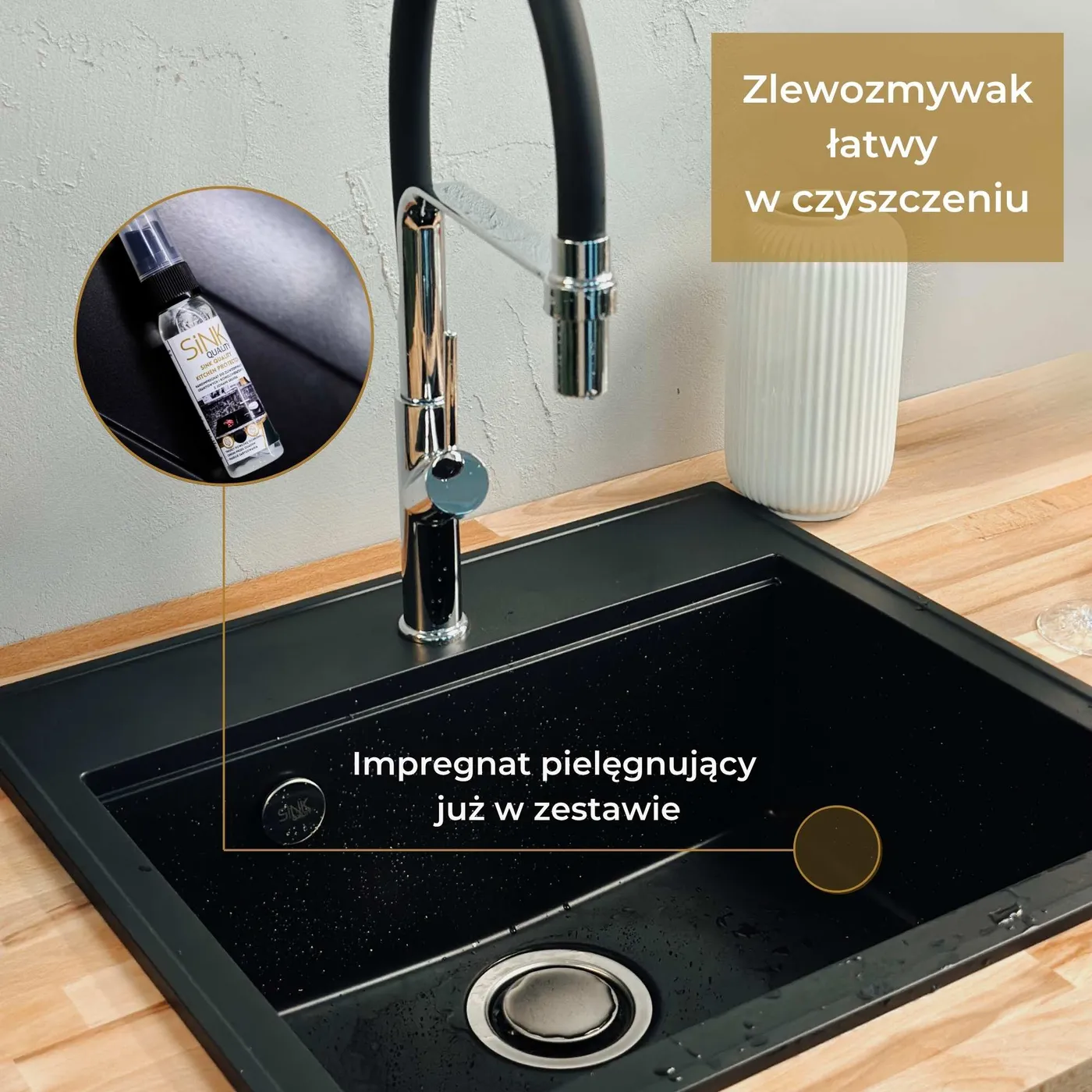 Zlew granitowy z impregnatem pielęgnującym w zestawie