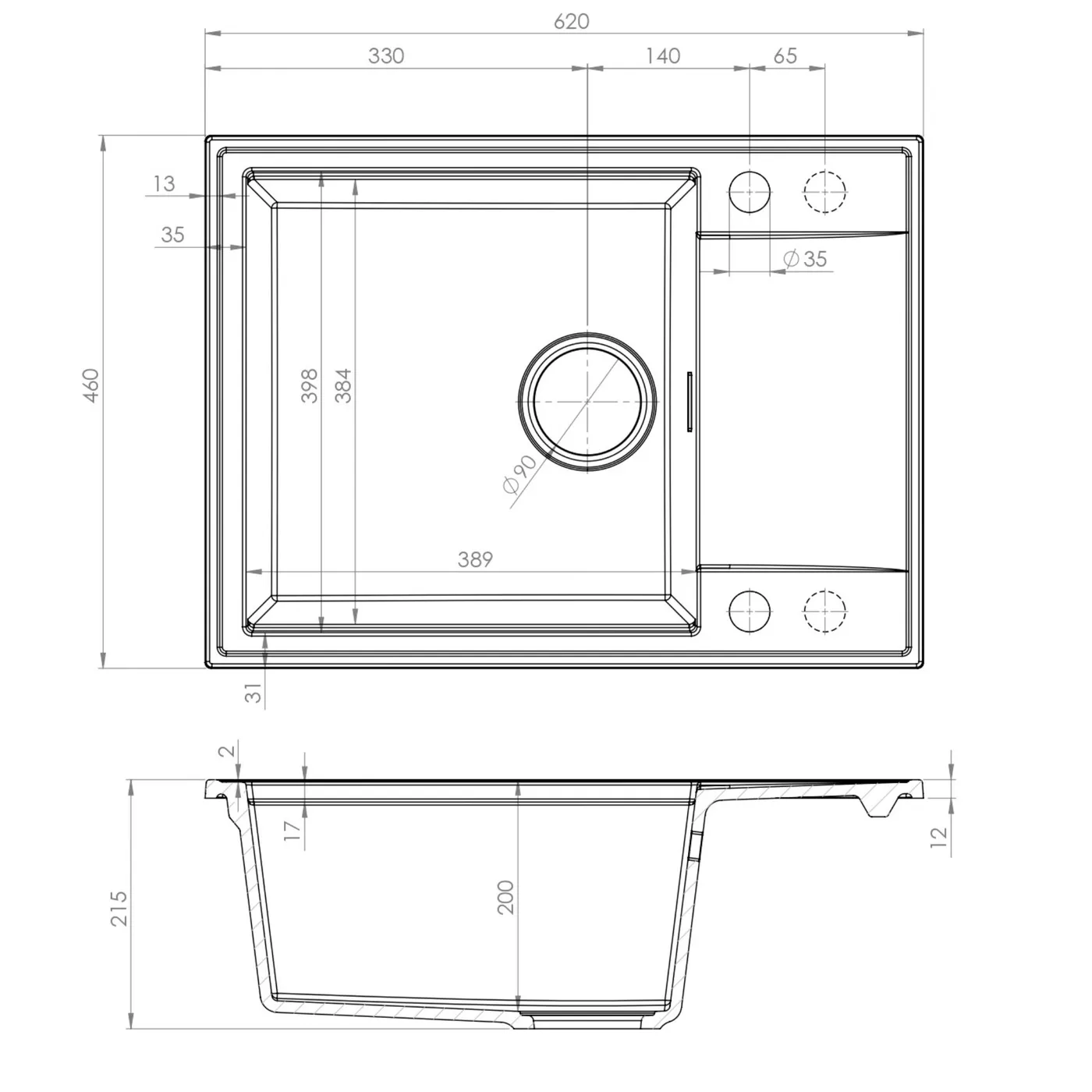 Rysunek techniczny zlewu granitowego SINK 55L