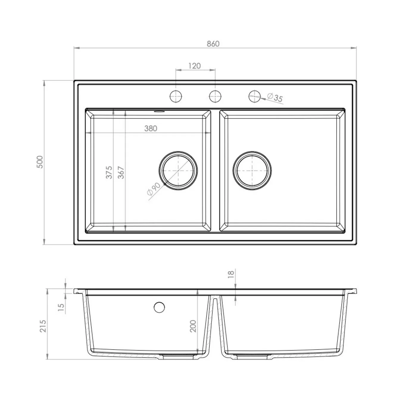Rysunek techniczny zlewu wpuszczanego DUAL 2KBO