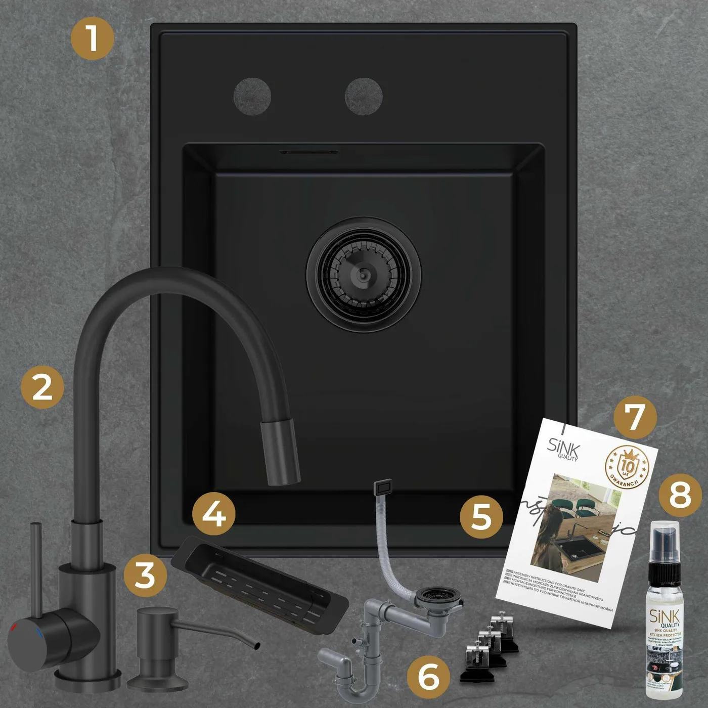 Zestaw gotowy do montażu - zlew, bateria, dozownik, mata, syfon, zaczepy, instrukcja, gwarancja, impregnat