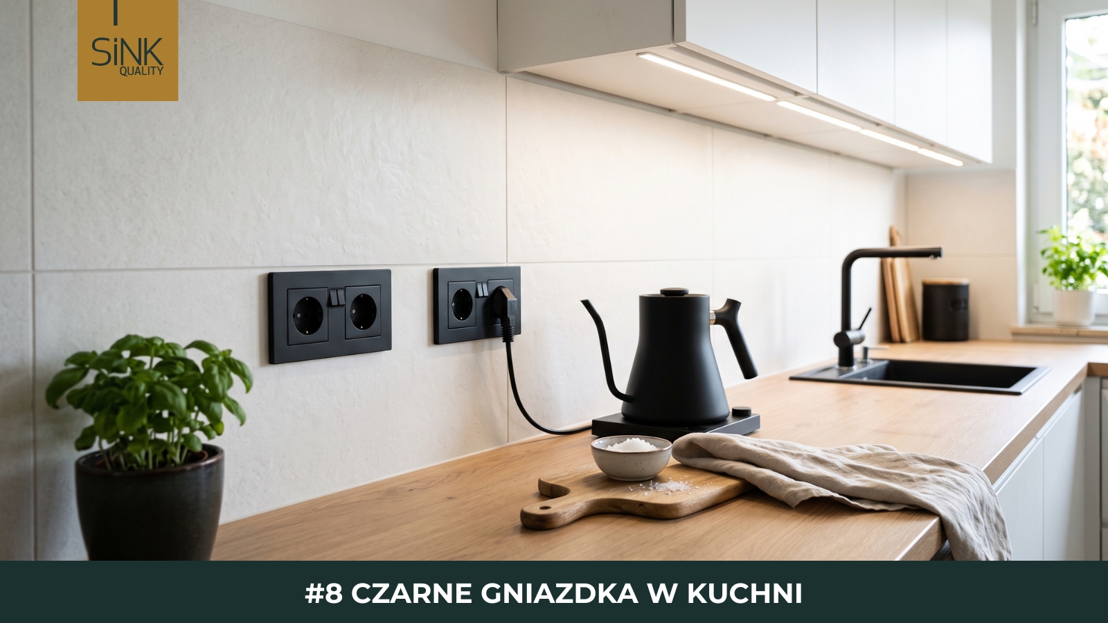 czarne gniazdka w kuchni - czarne akcesoria kuchenne