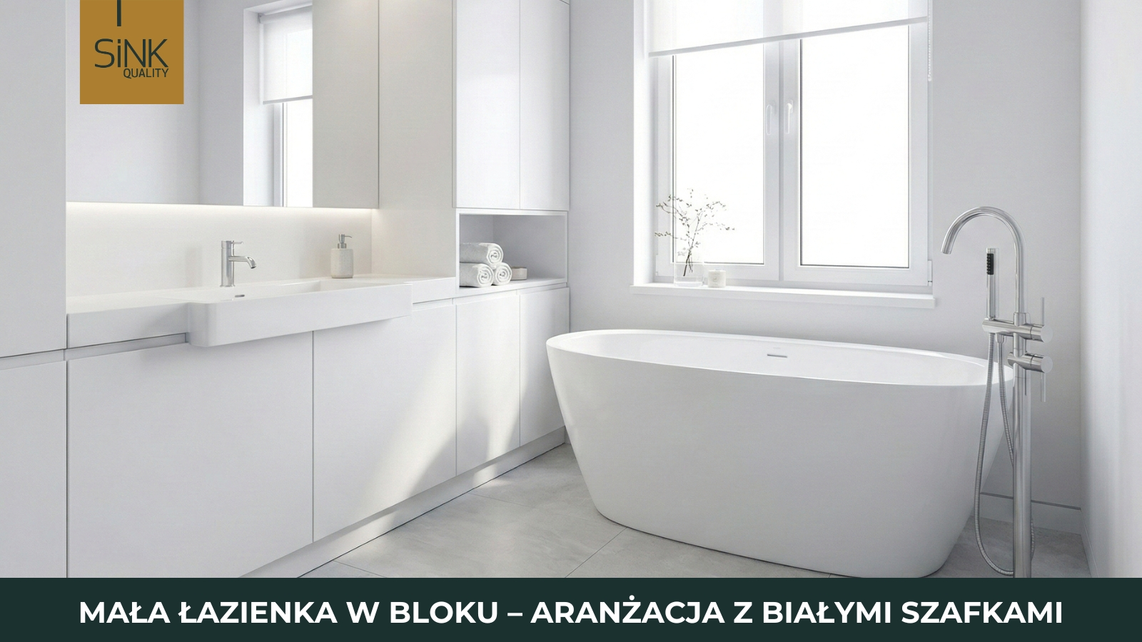 mała łazienka w bloku z białymi szafkami