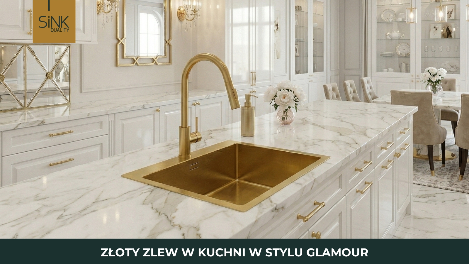 złoty zlew w kuchni w stylu glamour