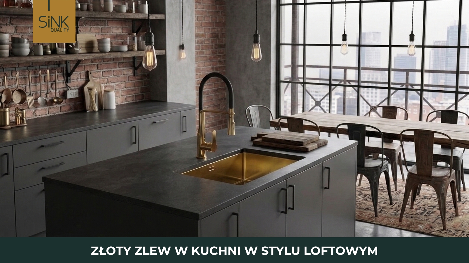 złoty zlew w kuchni w stylu loftowym