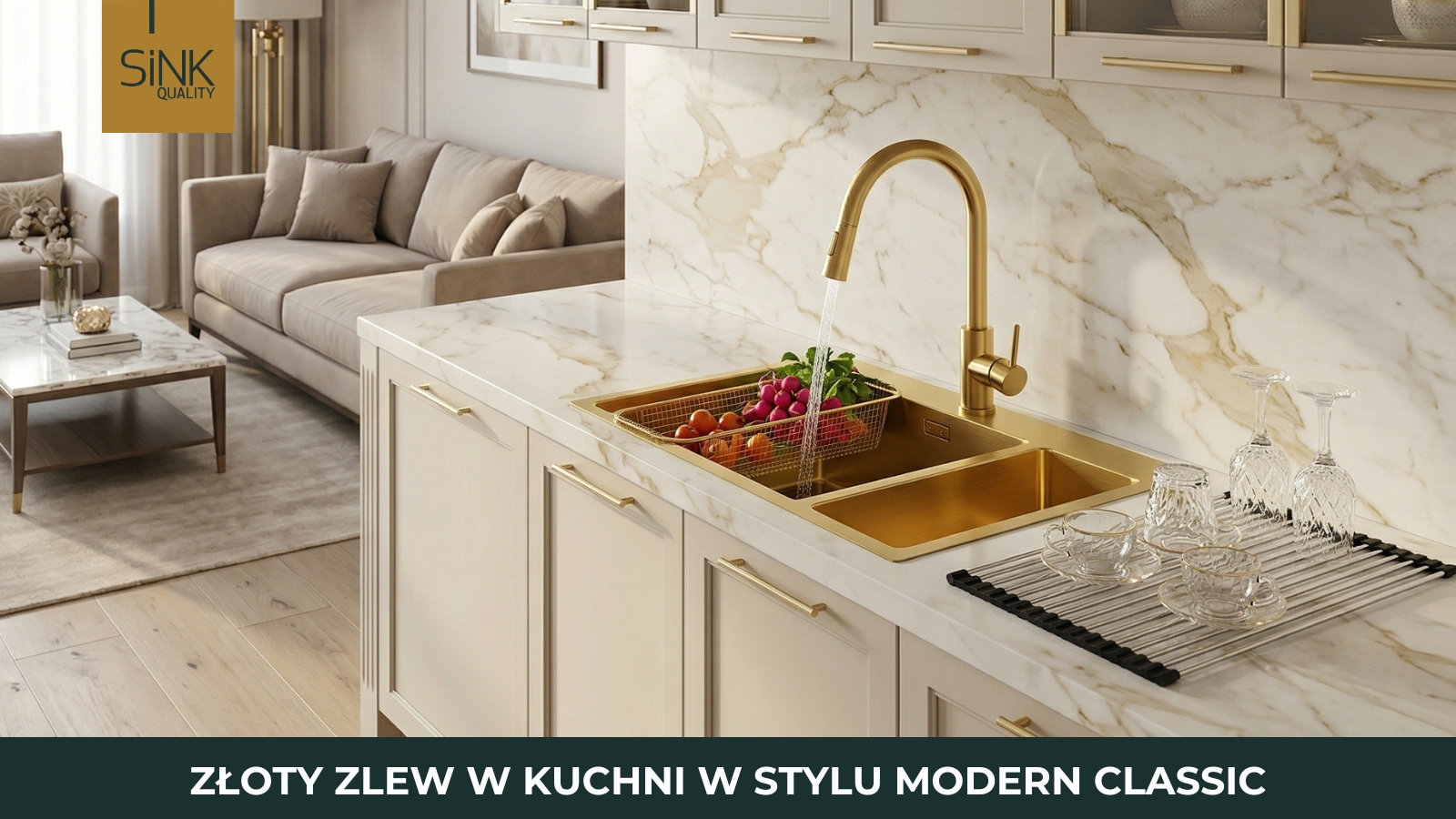 złoty zlew w kuchni w stylu modern classic