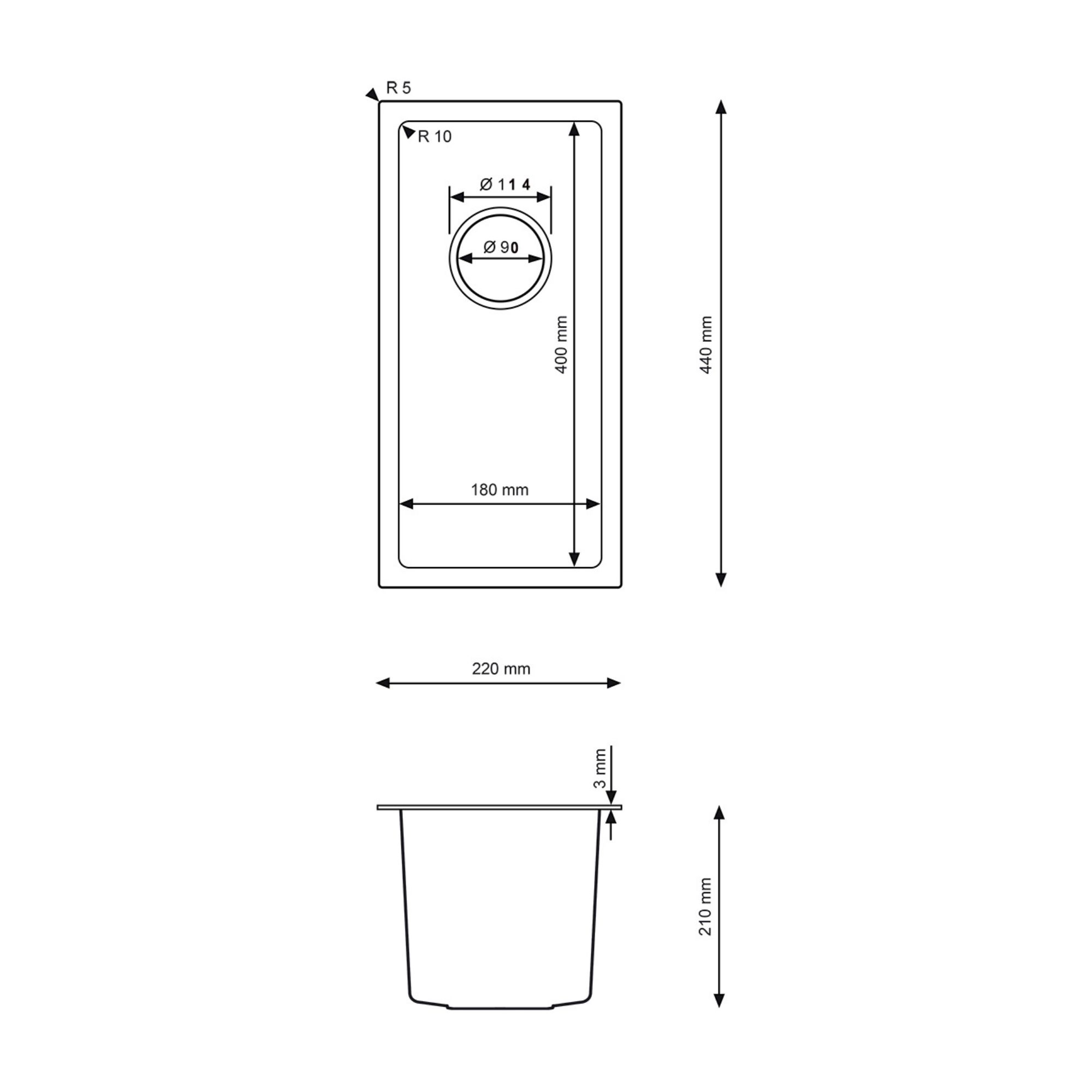 Rysunek techniczny zlewu stalowego Steel SINK 25