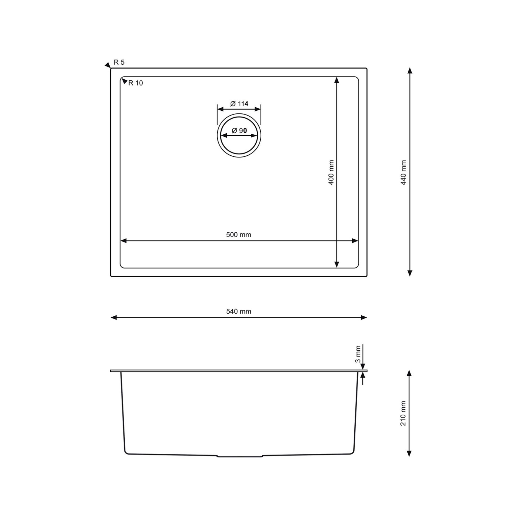 Rysunek techniczny zlewu stalowego Steel SINK 55