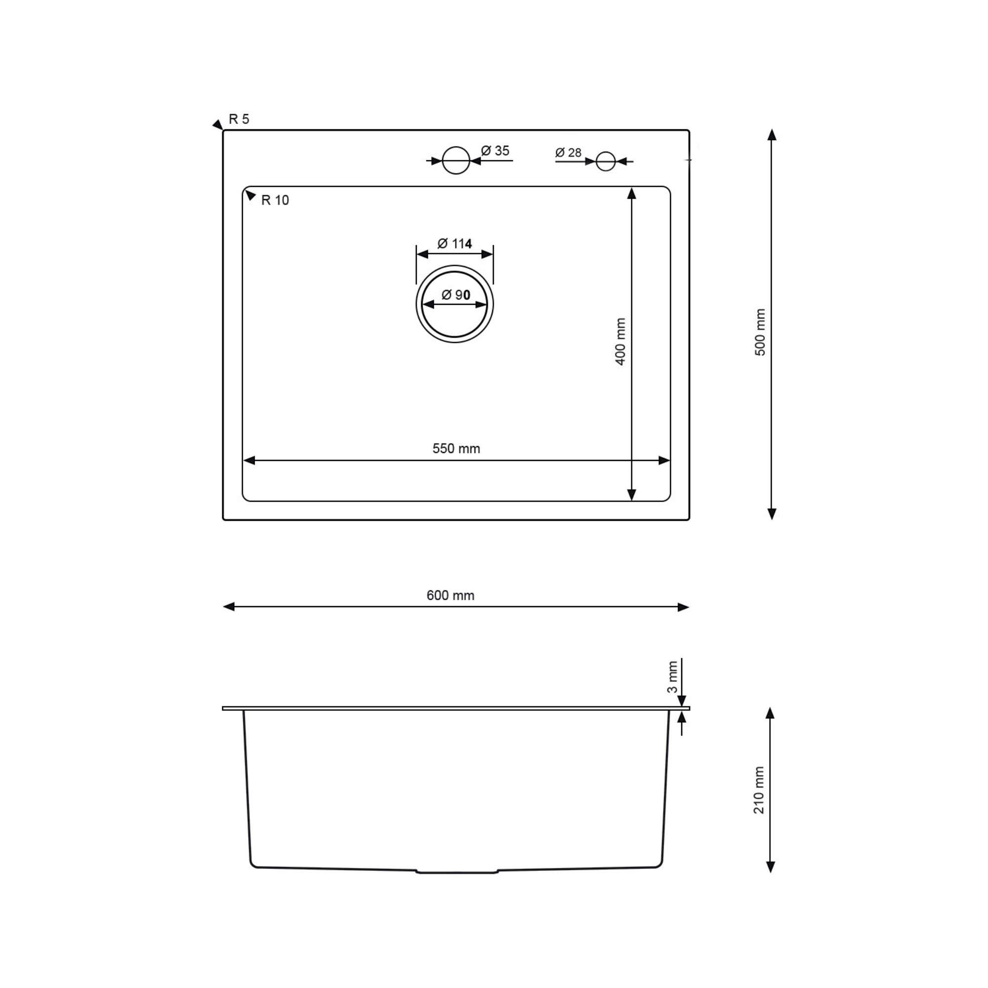 Rysunek techniczny zlewu stalowego Steel SINK 65