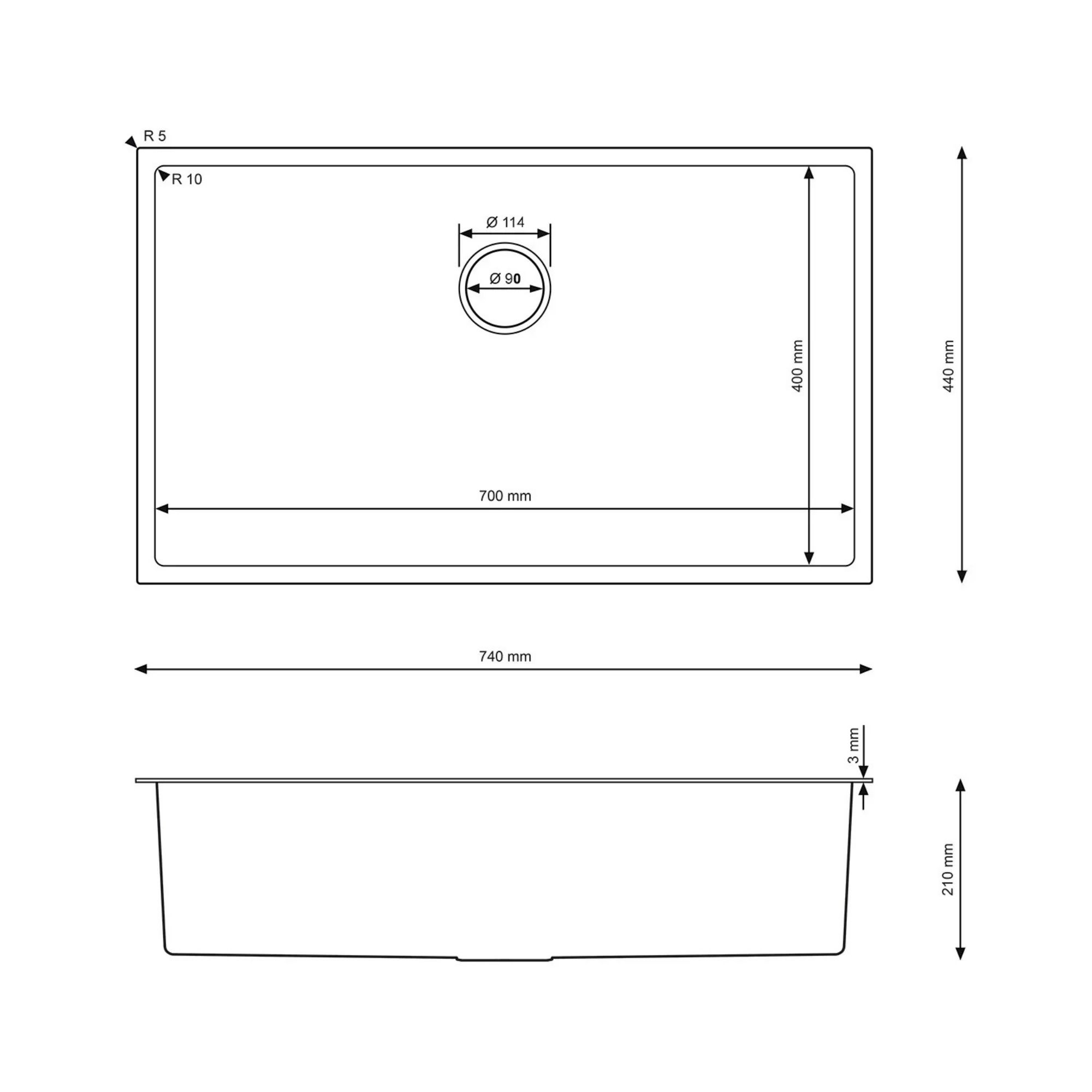 Rysunek techniczny zlewu stalowego Steel SINK 75